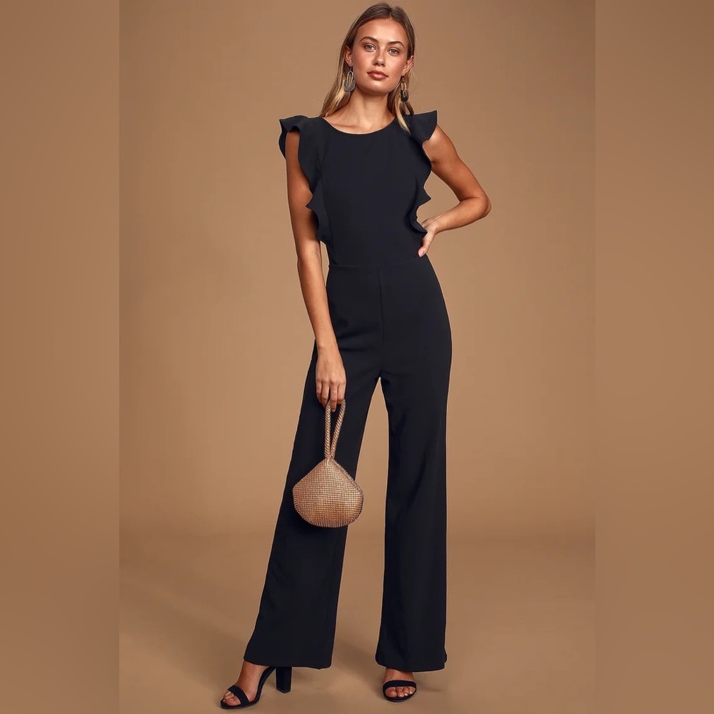 Lulu’s Feel Your Love Black Ruffled Wide-Leg Jumpsuit